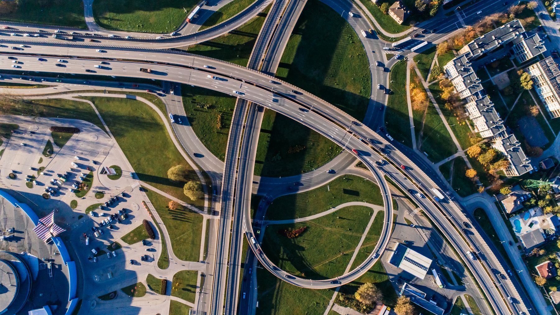 Aerial view of a multi-level highway interchange